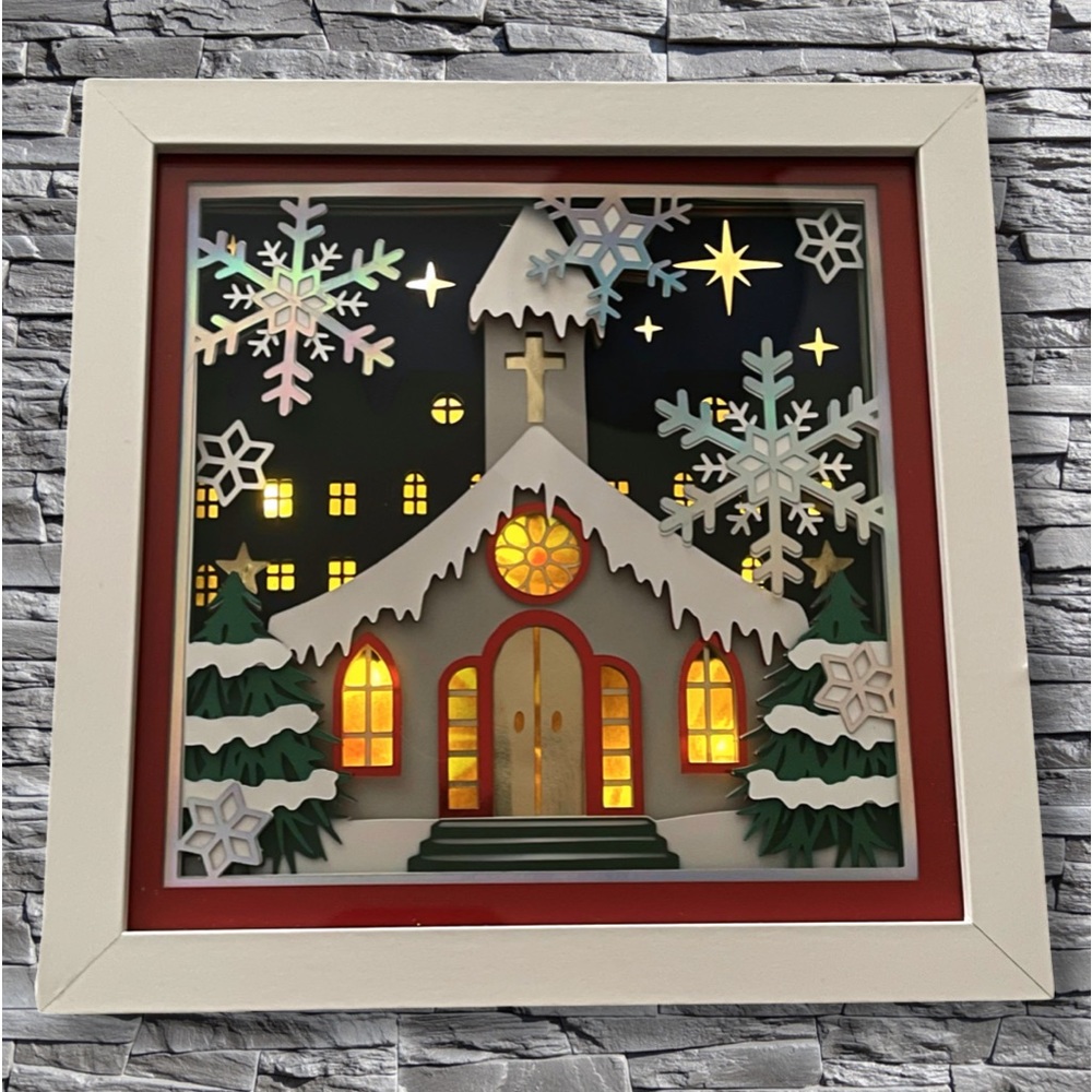 3D Winter Church Lighted Shadow Box